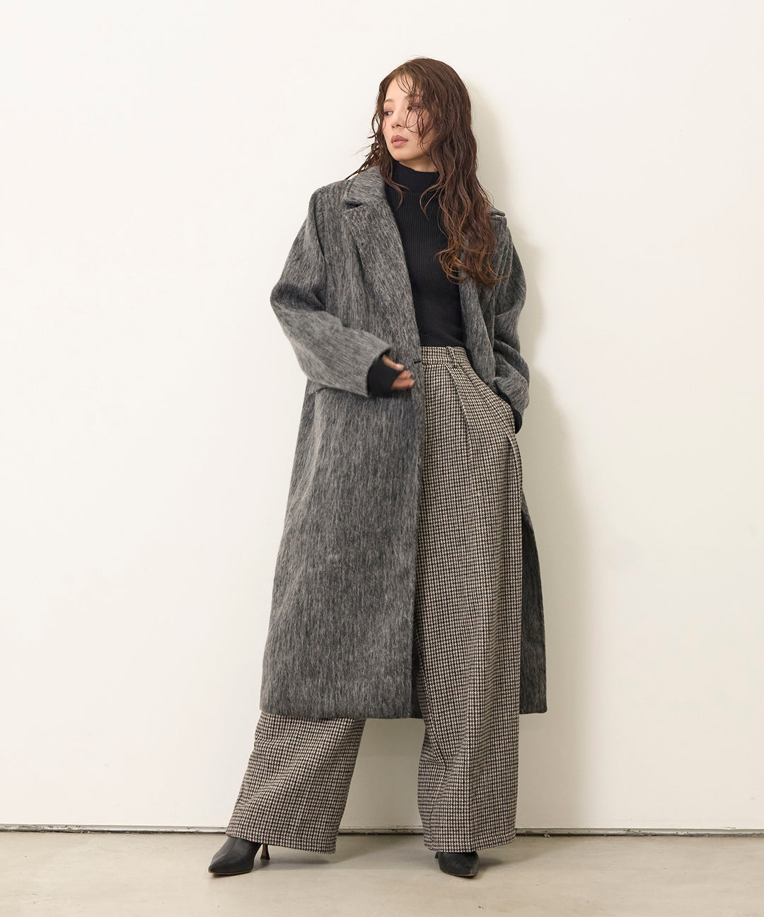 (eliuu)Clasical Check Tuck Trousers