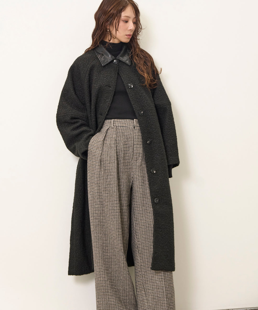 (eliuu)Clasical Check Tuck Trousers