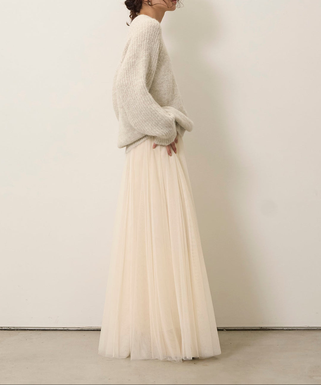 [SET]Soft Chewy Medium Knit+Tulle Layer Drape Skirt