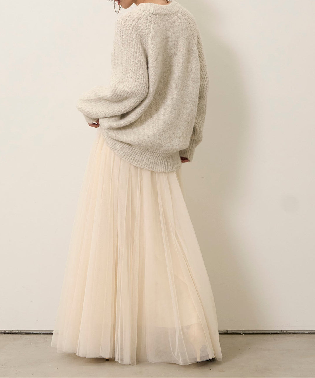 [SET]Soft Chewy Medium Knit+Tulle Layer Drape Skirt