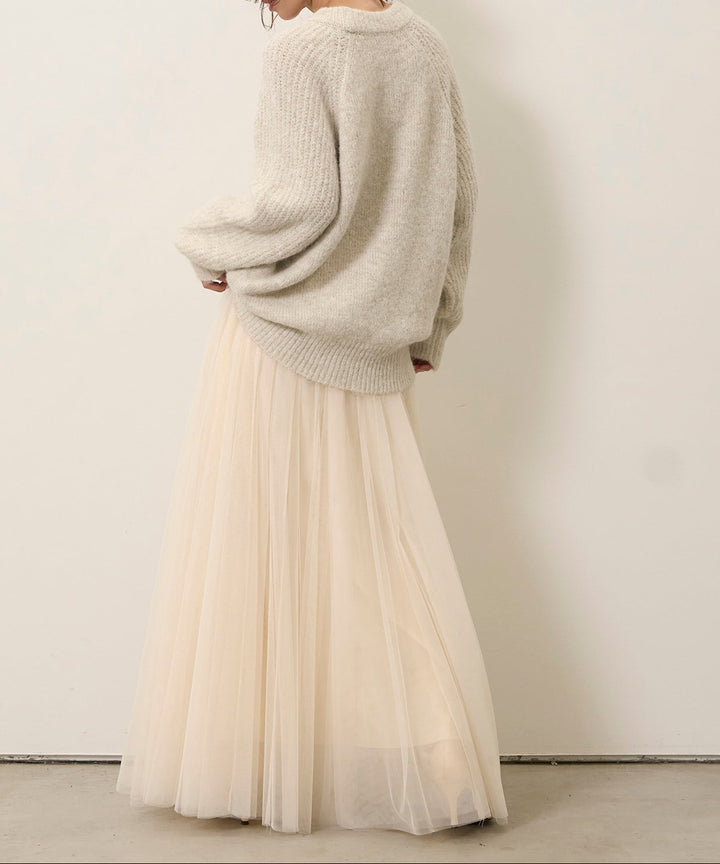 [SET]Soft Chewy Medium Knit+Tulle Layer Drape Skirt