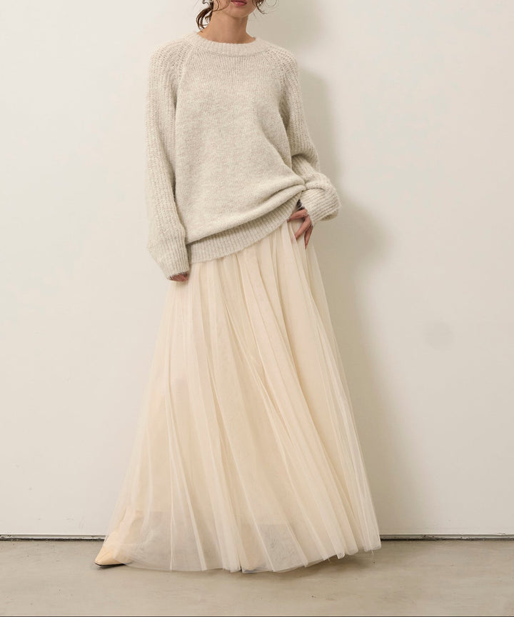 [SET]Soft Chewy Medium Knit+Tulle Layer Drape Skirt