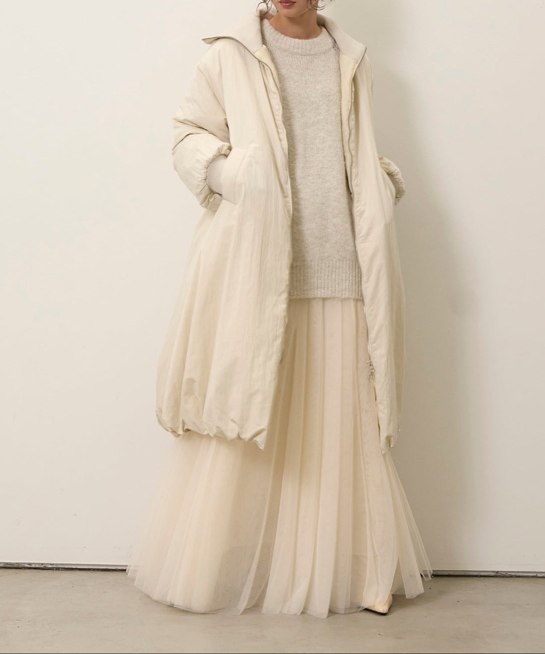 [SET]Soft Chewy Medium Knit+Tulle Layer Drape Skirt