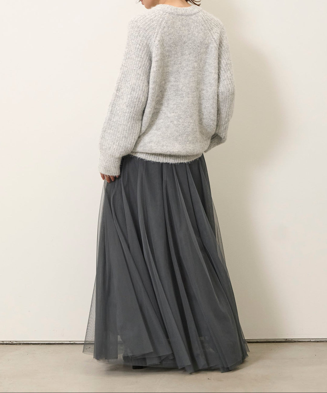 [SET]Soft Chewy Medium Knit+Tulle Layer Drape Skirt