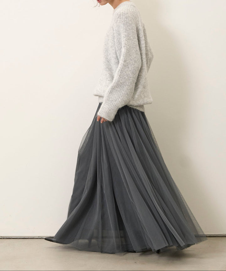 [SET]Soft Chewy Medium Knit+Tulle Layer Drape Skirt