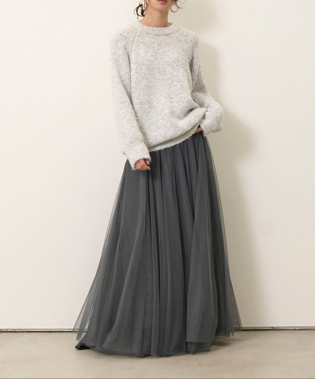 [SET]Soft Chewy Medium Knit+Tulle Layer Drape Skirt