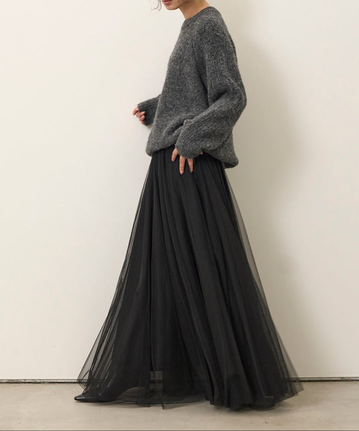 [SET]Soft Chewy Medium Knit+Tulle Layer Drape Skirt