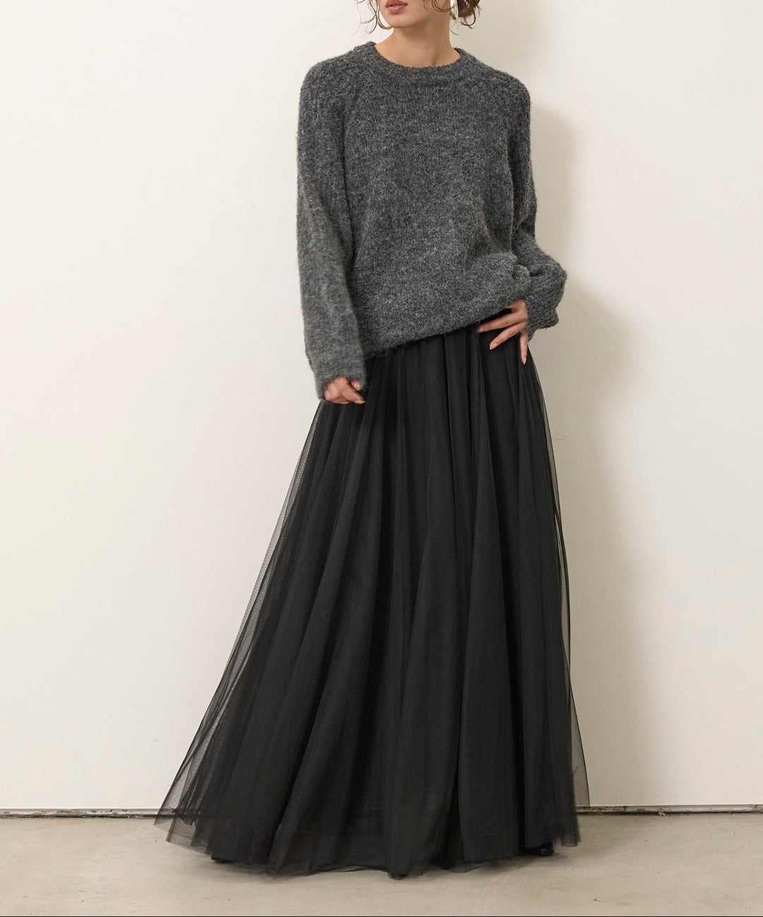 [SET]Soft Chewy Medium Knit+Tulle Layer Drape Skirt