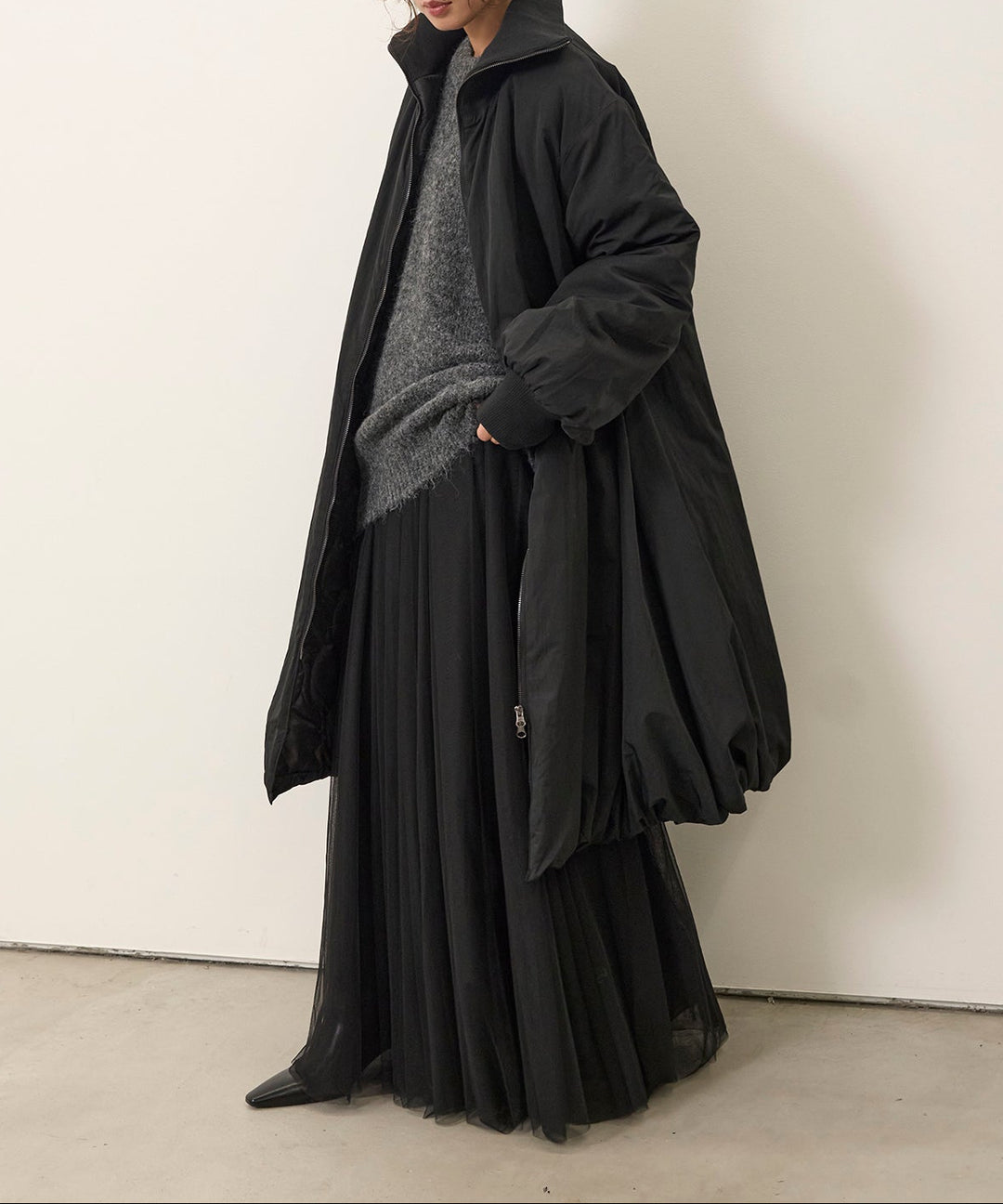 [SET]Soft Chewy Medium Knit+Tulle Layer Drape Skirt