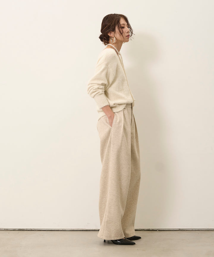[SET]Choker Feather Round Knit+Wool Like Tuck Trousers