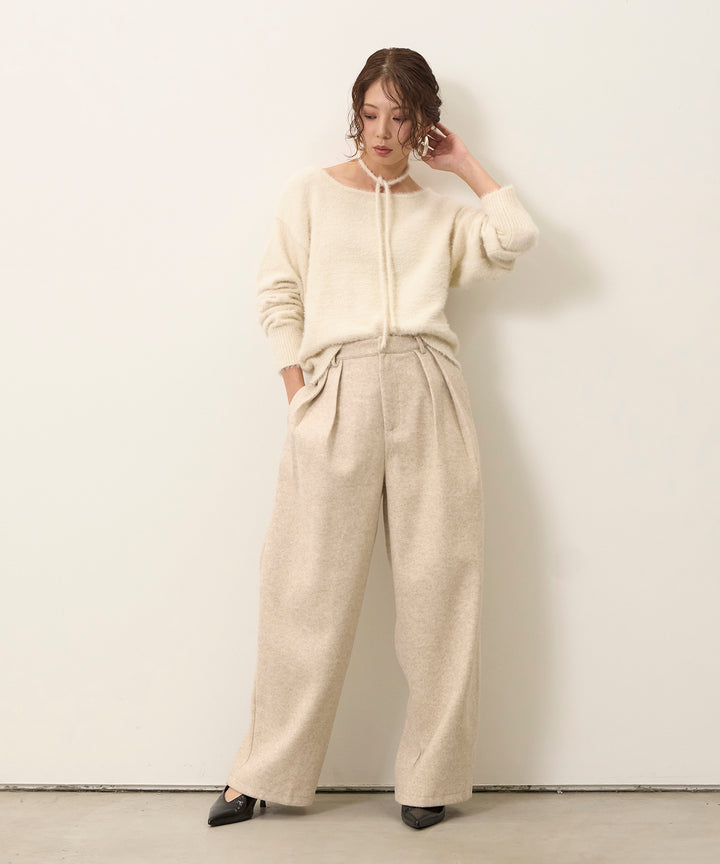 [SET]Choker Feather Round Knit+Wool Like Tuck Trousers