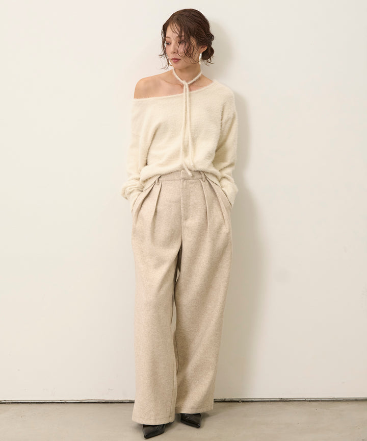 [SET]Choker Feather Round Knit+Wool Like Tuck Trousers