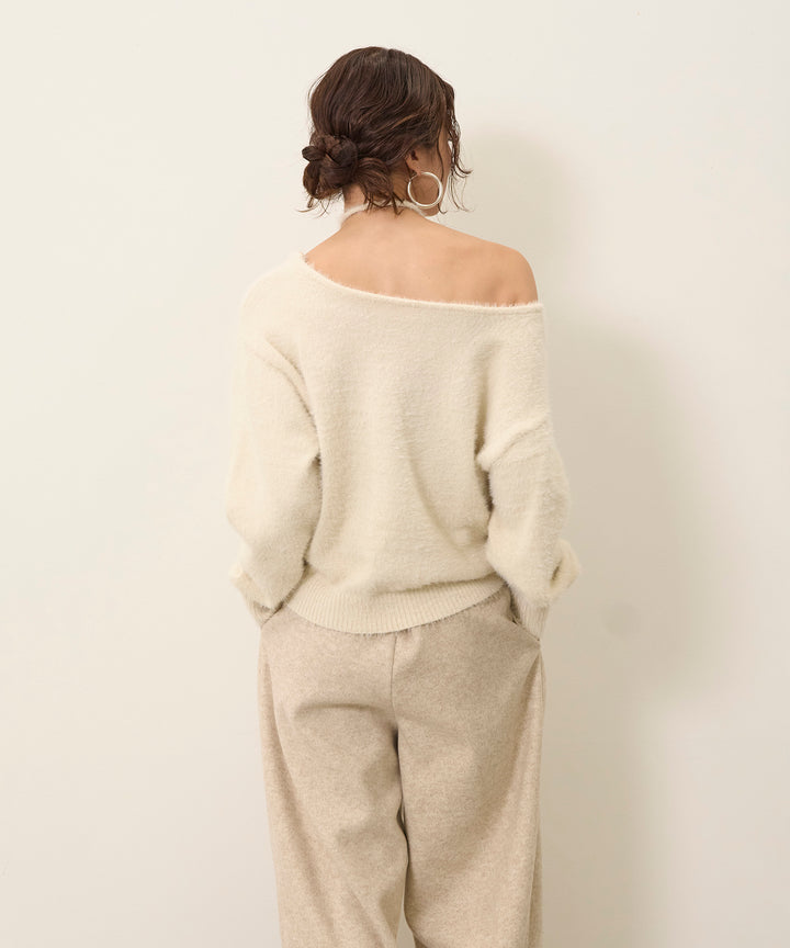 [SET]Choker Feather Round Knit+Wool Like Tuck Trousers