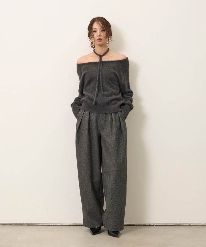 [SET]Choker Feather Round Knit+Wool Like Tuck Trousers