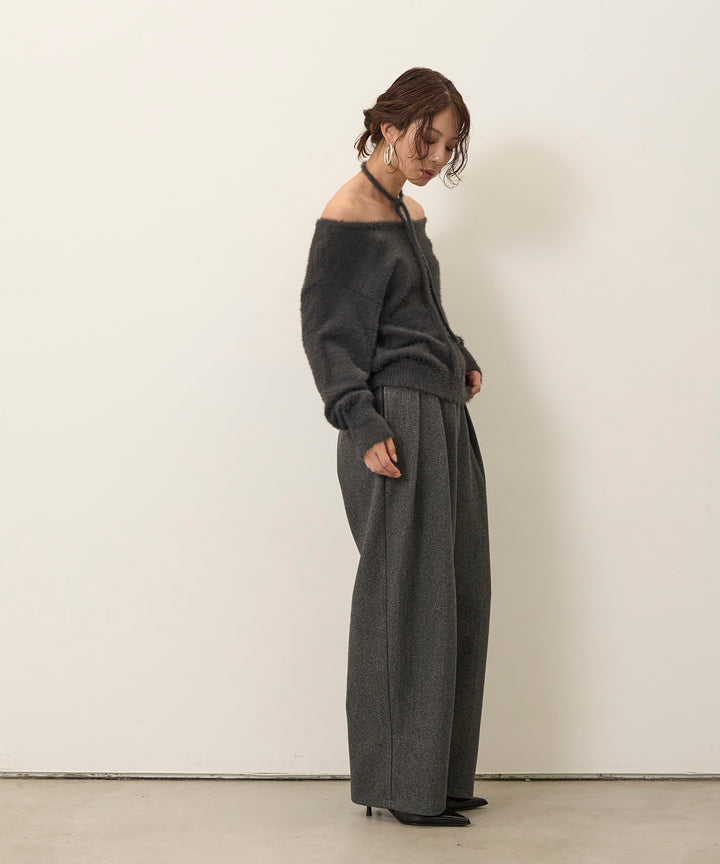 [SET]Choker Feather Round Knit+Wool Like Tuck Trousers