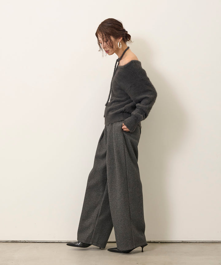 [SET]Choker Feather Round Knit+Wool Like Tuck Trousers