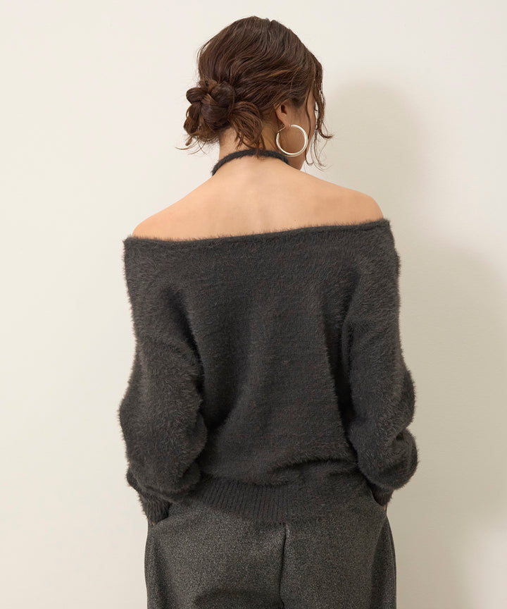 [SET]Choker Feather Round Knit+Wool Like Tuck Trousers
