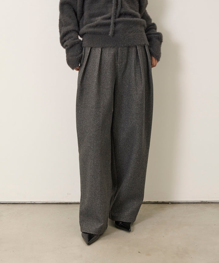 [SET]Choker Feather Round Knit+Wool Like Tuck Trousers