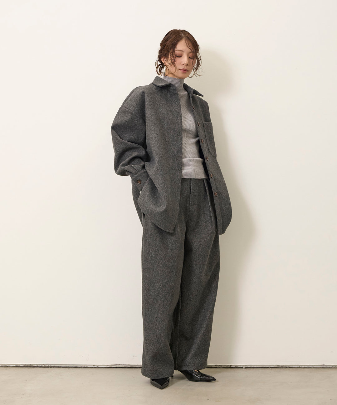 [SET]Wool Like Wide Shirt JK+Wool Like Tuck Trousers