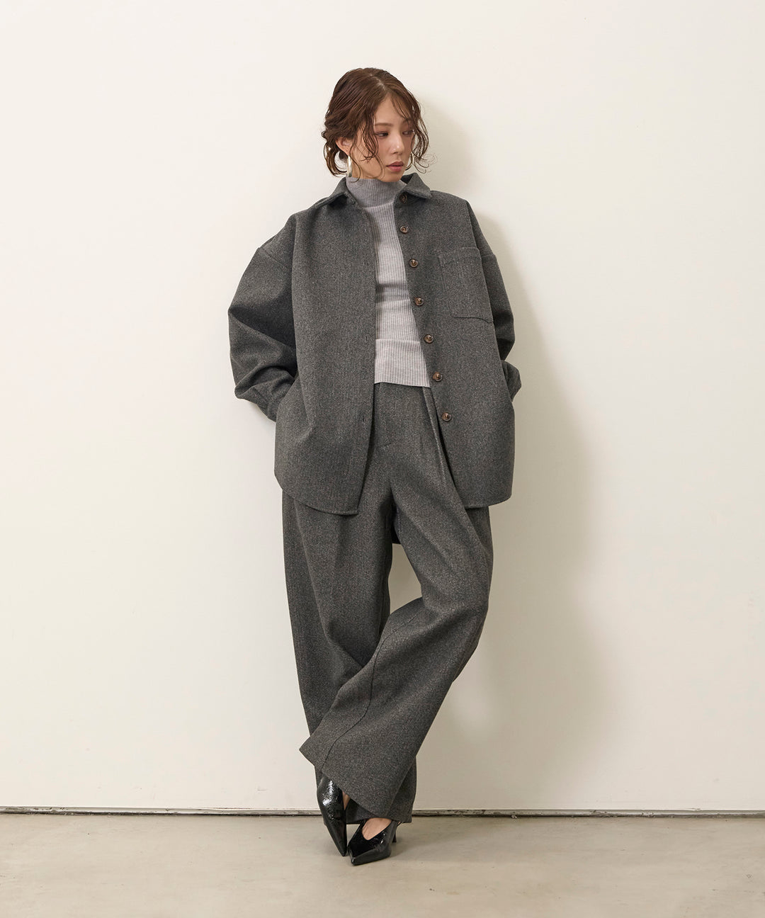[SET]Wool Like Wide Shirt JK+Wool Like Tuck Trousers