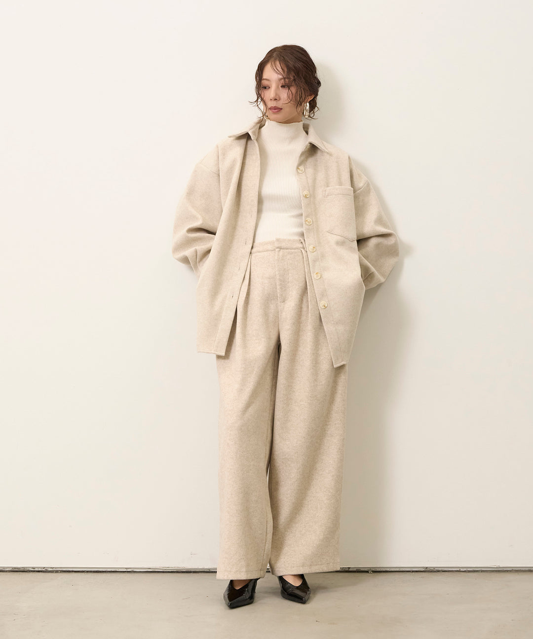 [SET]Wool Like Wide Shirt JK+Wool Like Tuck Trousers
