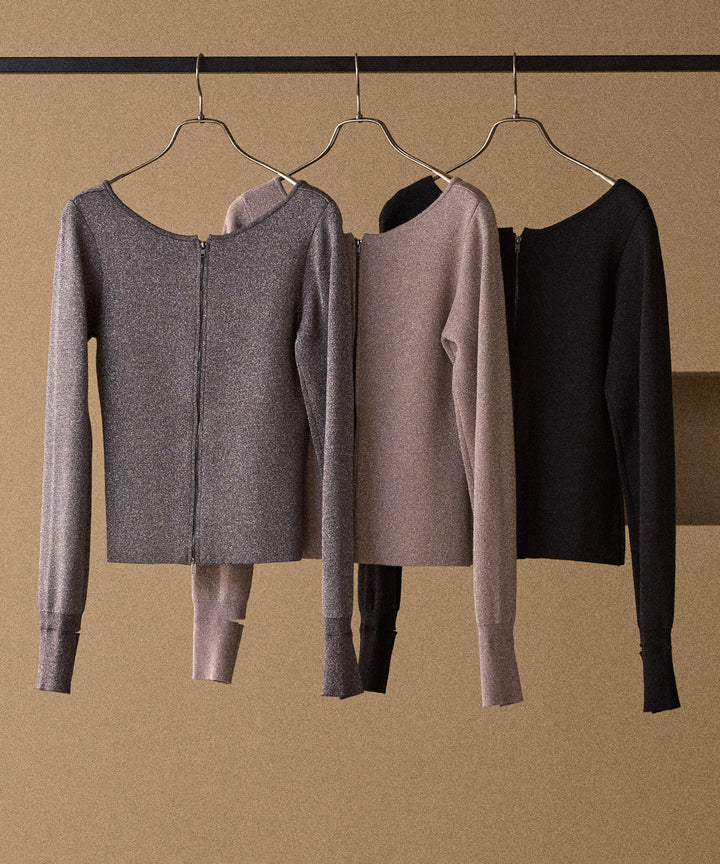 2way Zip Slit Glitter Knit Tops