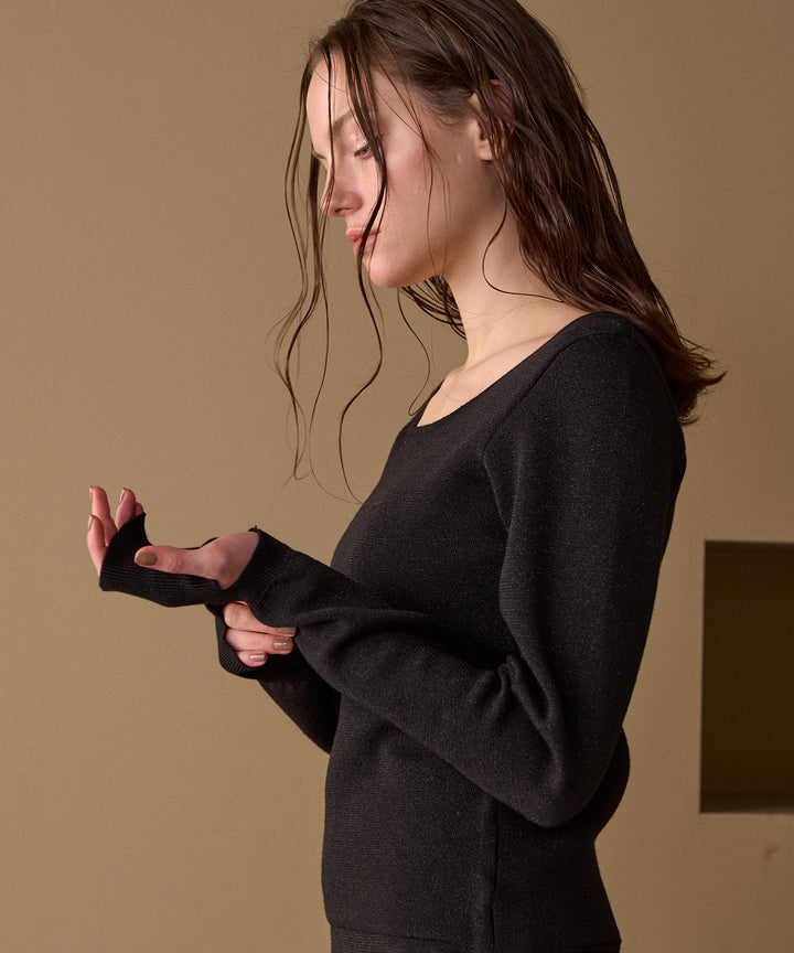 2way Zip Slit Glitter Knit Tops