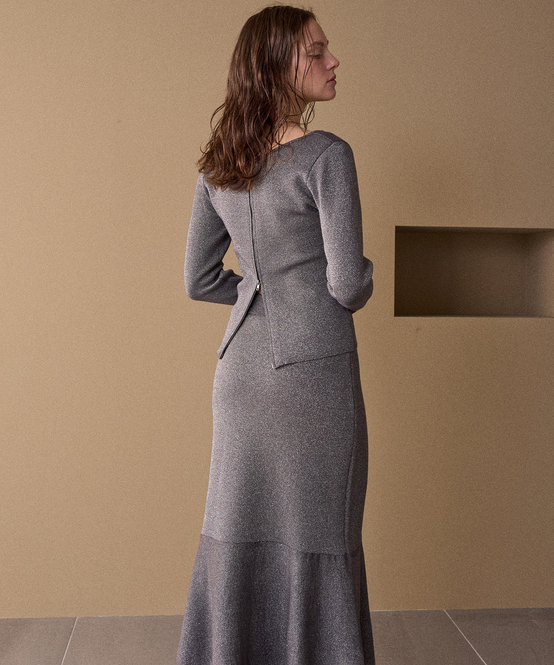 2way Zip Slit Glitter Knit Tops