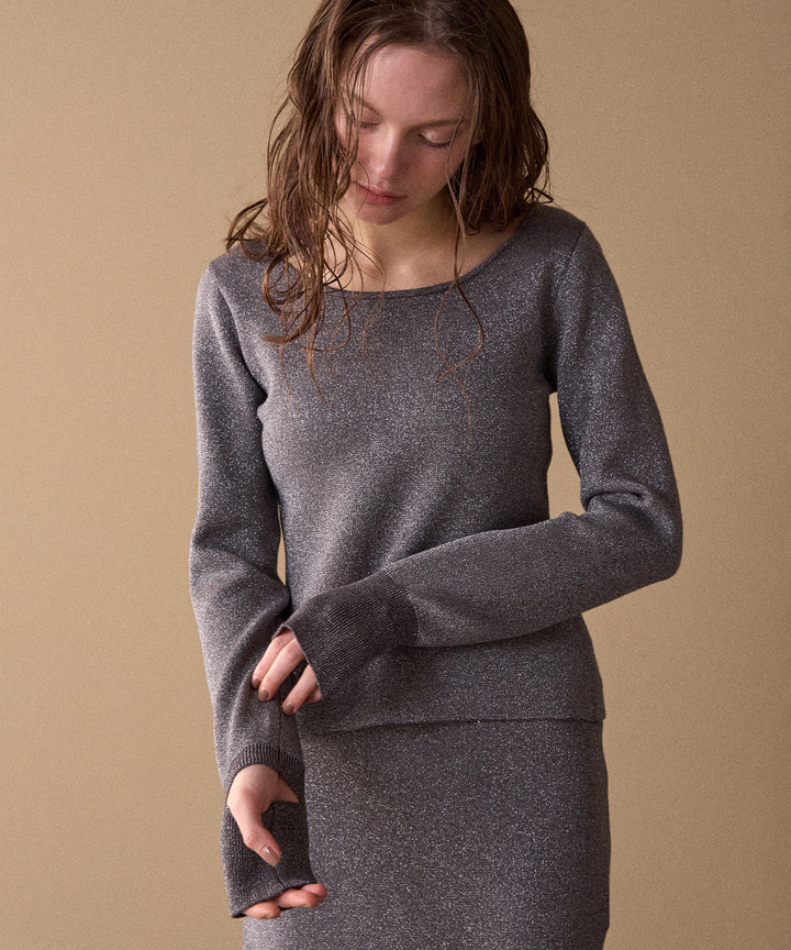 2way Zip Slit Glitter Knit Tops