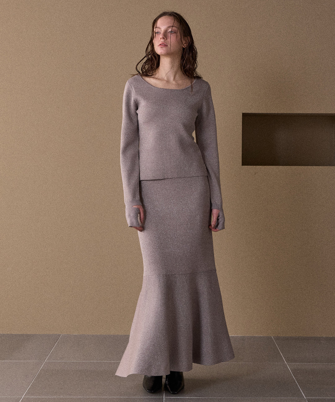 2way Zip Slit Glitter Knit Tops