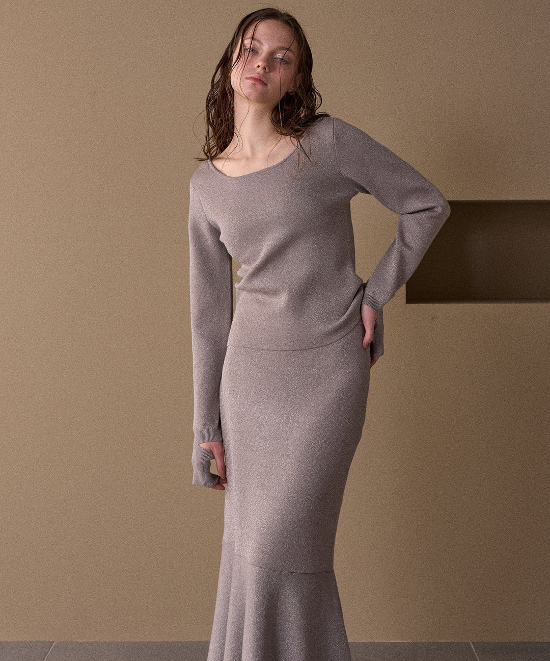 2way Zip Slit Glitter Knit Tops