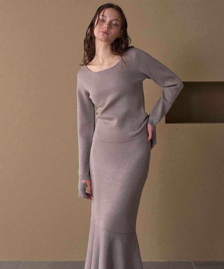 2way Zip Slit Glitter Knit Tops