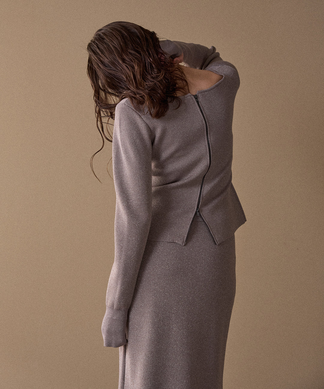 2way Zip Slit Glitter Knit Tops