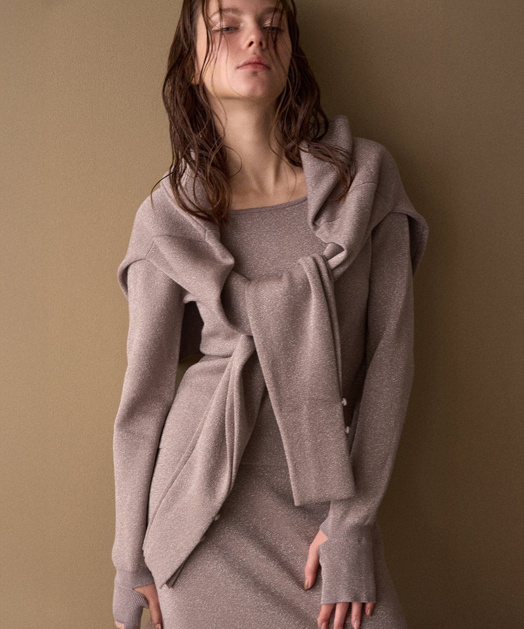 2way Zip Slit Glitter Knit Tops