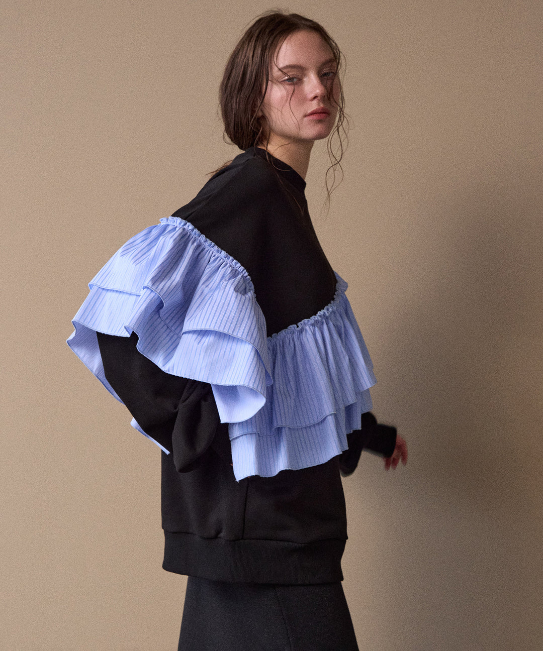 Pinstripe Frill Sweat Pull Over