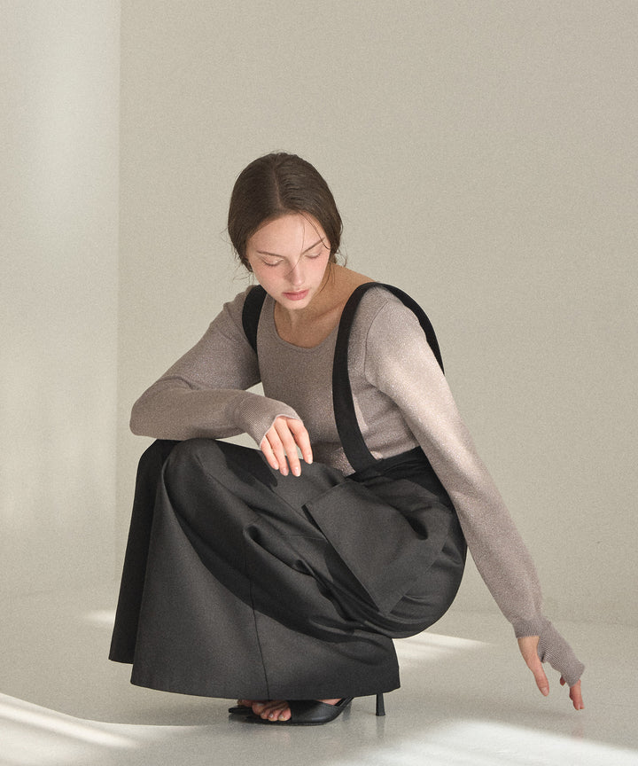 2way Zip Slit Glitter Knit Tops