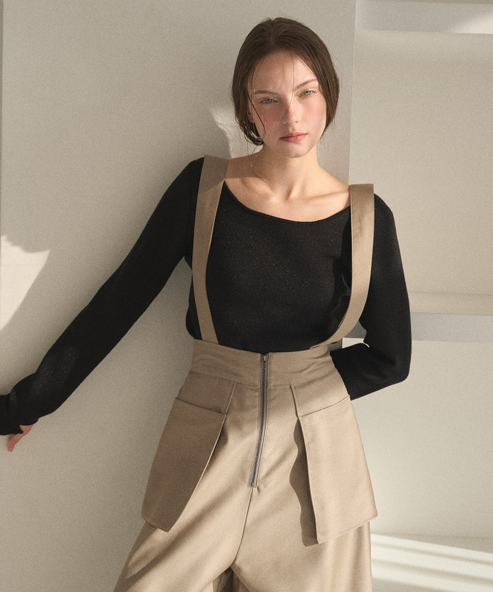 2way Zip Slit Glitter Knit Tops