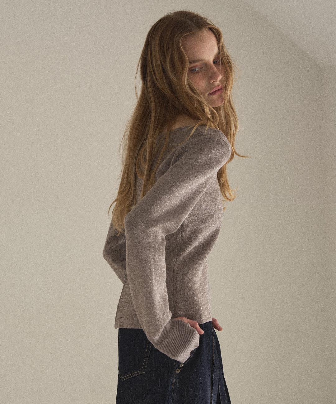 2way Zip Slit Glitter Knit Tops