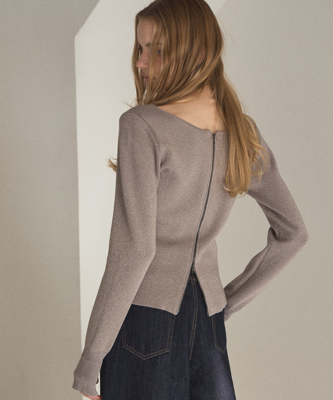 2way Zip Slit Glitter Knit Tops