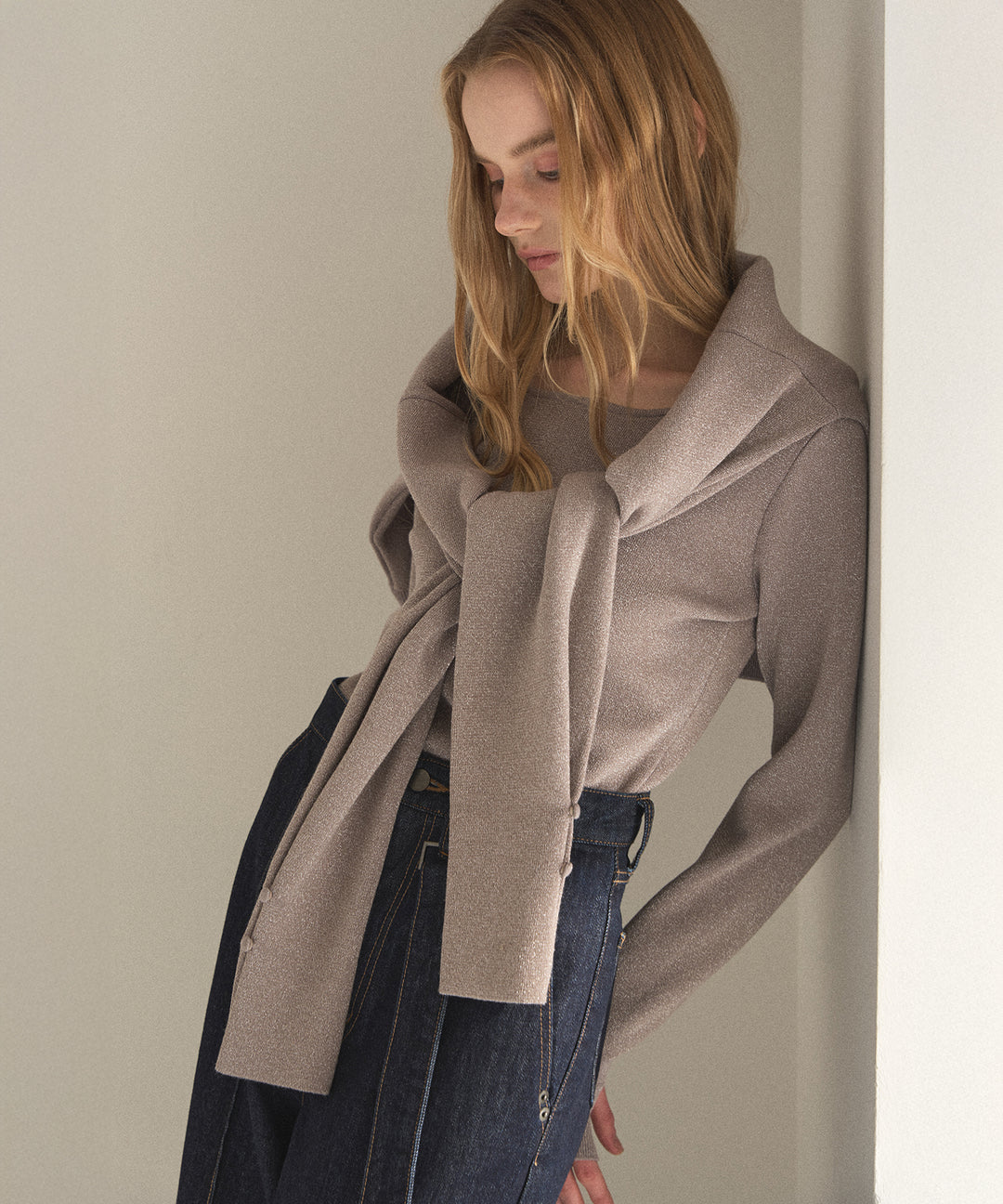 2way Zip Slit Glitter Knit Tops