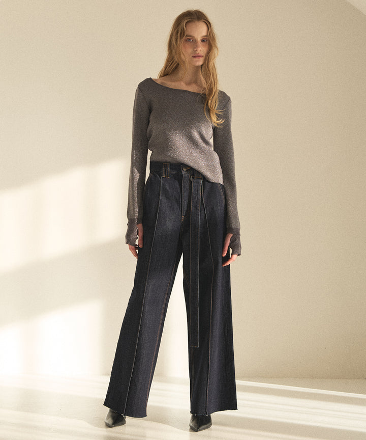 2way Zip Slit Glitter Knit Tops