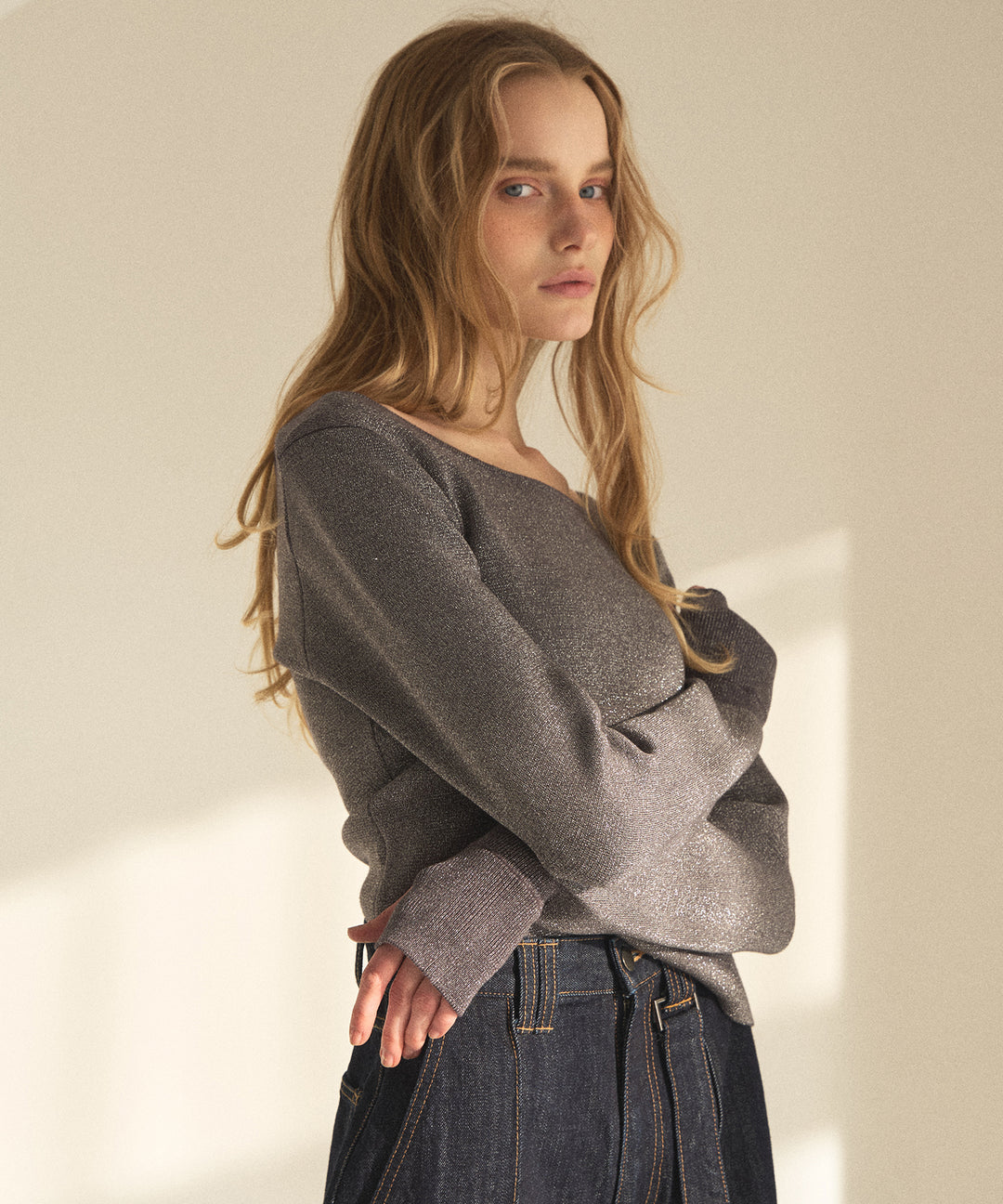 2way Zip Slit Glitter Knit Tops