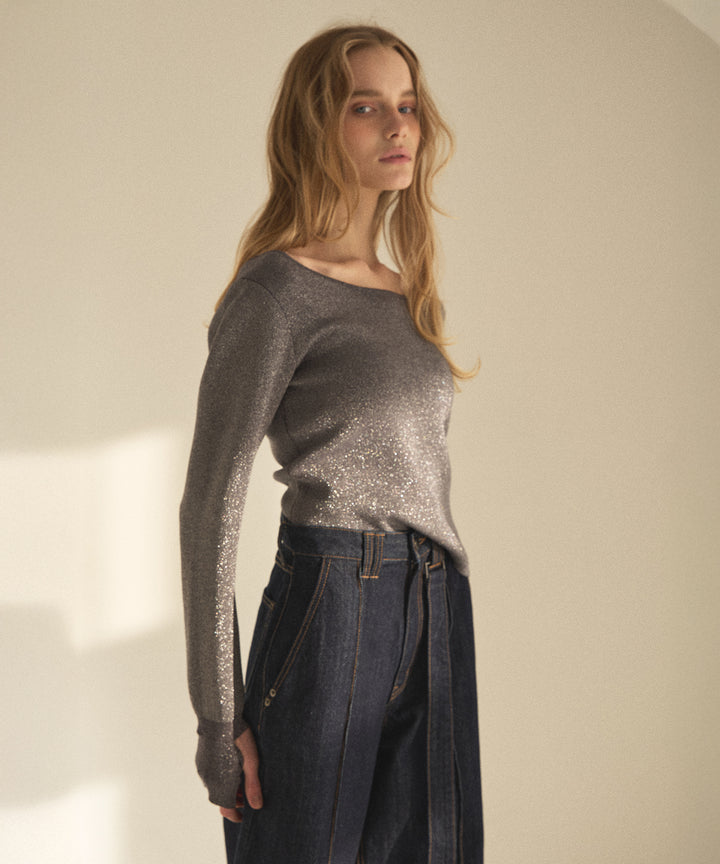 2way Zip Slit Glitter Knit Tops