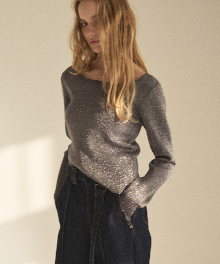 2way Zip Slit Glitter Knit Tops