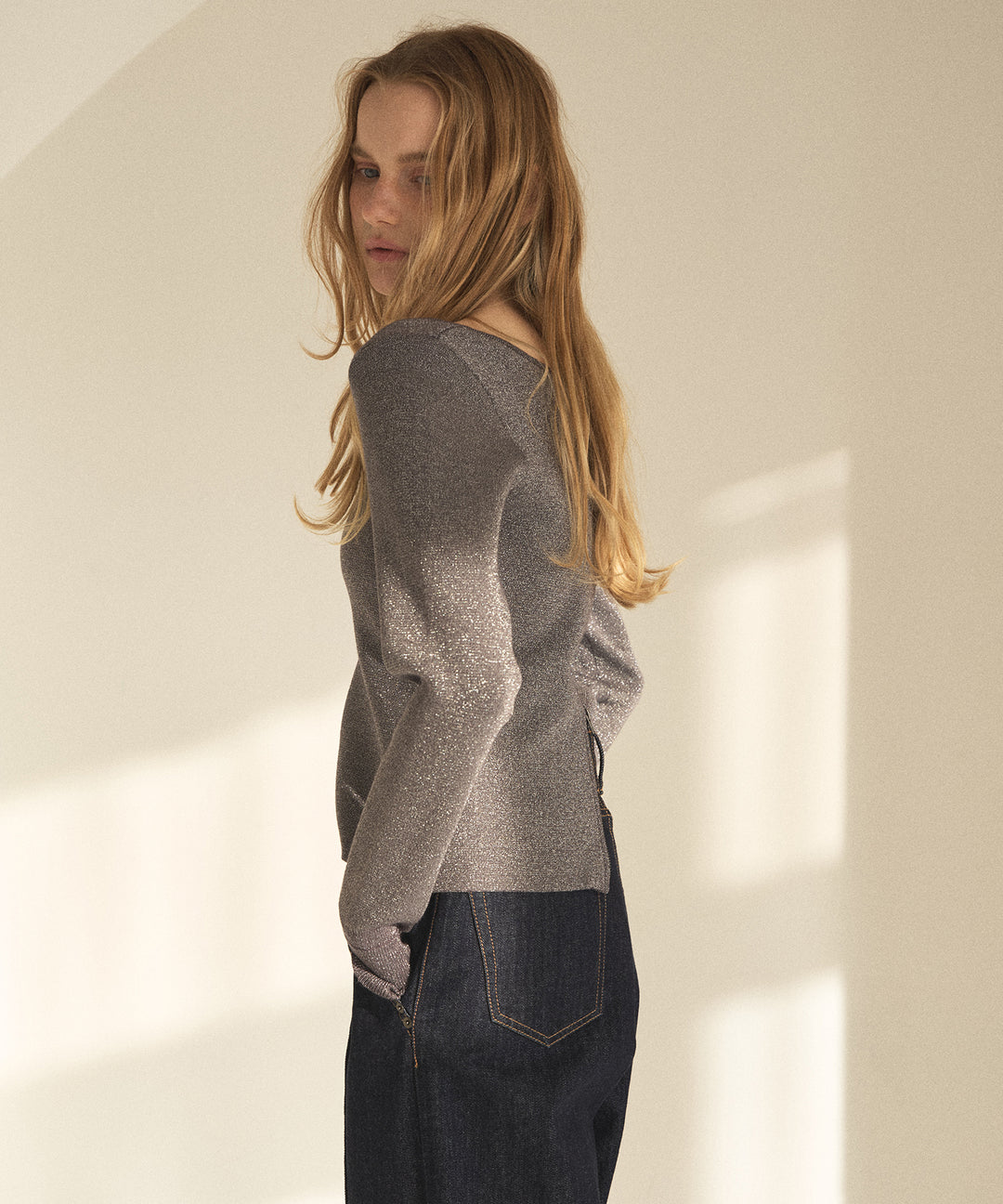 2way Zip Slit Glitter Knit Tops