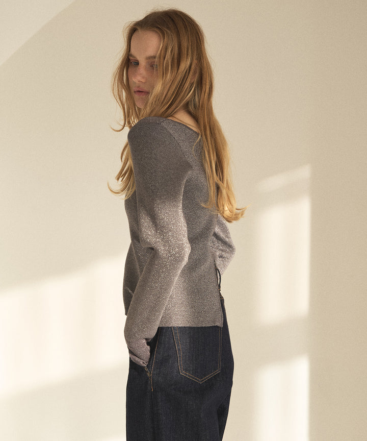 2way Zip Slit Glitter Knit Tops