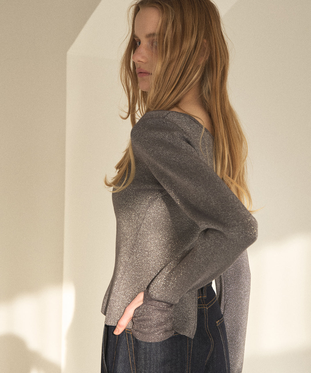 2way Zip Slit Glitter Knit Tops