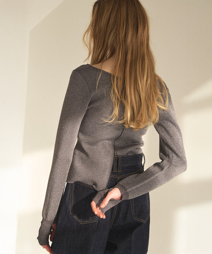 2way Zip Slit Glitter Knit Tops