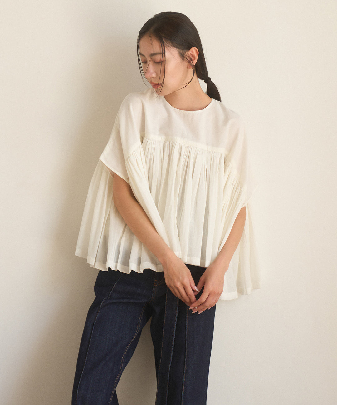 【INDIA made】Gather Volume Voile Blouse