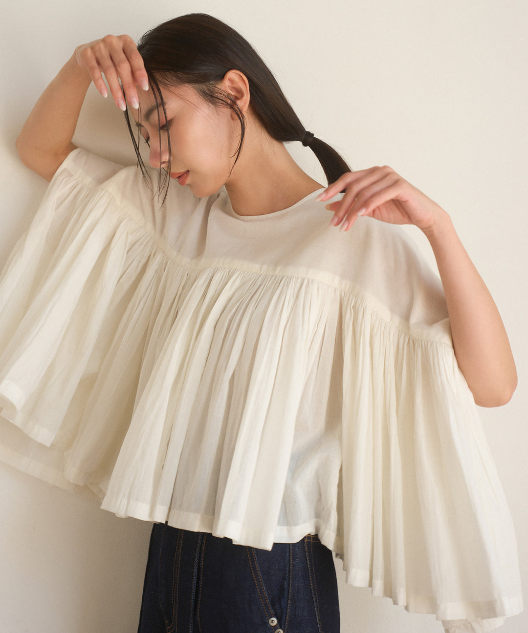 【INDIA made】Gather Volume Voile Blouse